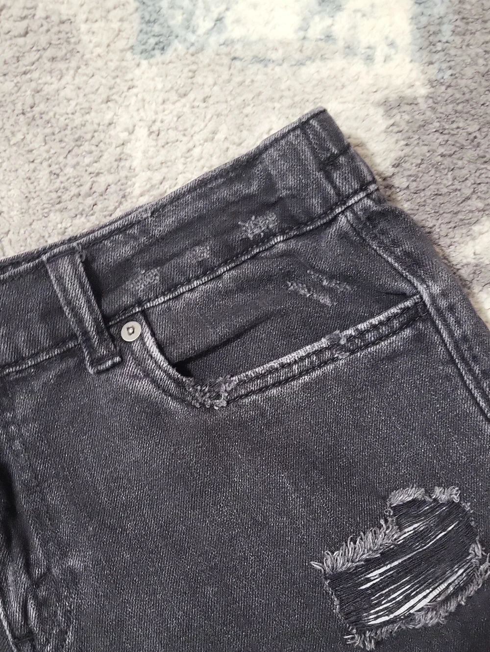 aerie Black Distressed Denim, Frayed Hem Jean Shorts